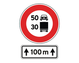 Speed Limit Sign for Cars and Trucks with Distance Panel, Traffic Regulation Indicator – High Quality Stock Image