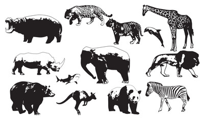 black and white animal collection,animal icons,types of animals,vector illustration on white background.