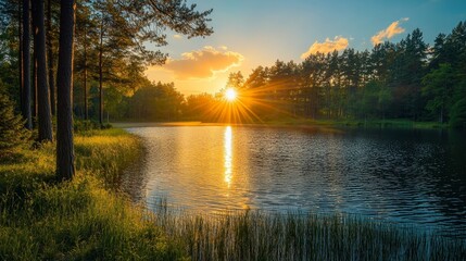 Obraz premium Golden sunset through pine trees over sparkling blue lake, sunlight reflecting on water ripples with lush green shores in tranquil woodland