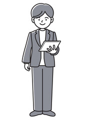 タブレット端末を持って仕事をするビジネスマンの正面向きベクターイラスト