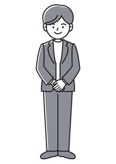 手を前で組んで待機姿勢をとるビジネスマンの正面向きベクターイラスト