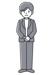 前で手を組み困った表情を浮かべるビジネスマンの正面向きベクターイラスト