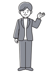 説明、紹介または案内するビジネスマンの正面向きベクターイラスト