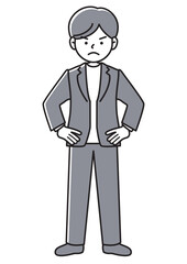 手を腰に当てて反対意見をアピールするビジネスマンの正面向きベクターイラスト