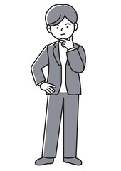 顎に手を当てて考え事をするビジネスマンの正面向きベクターイラスト