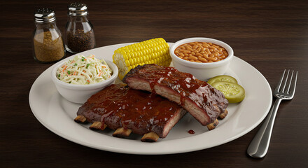 Barbecue Pork Ribs with Corn on the Cob, Baked Beans, Coleslaw, and Bread