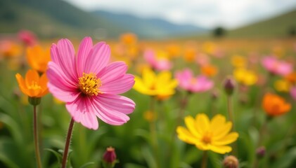 Obraz premium Pink and yellow primroses blooming in a Spanish field , flora, wildflowers, garden