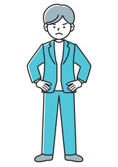 手を腰に当てて反対意見をアピールするビジネスマンの正面向きベクターイラスト