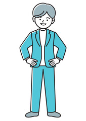 手を腰に当てて笑顔でこちらを見ているビジネスマンの正面向きベクターイラスト