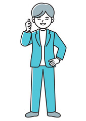 サムズアップで笑顔を見せるビジネスマンの正面向きベクターイラスト