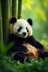 Obraz premium Relaxed panda nestled in bamboo grove, bokeh background , wild animal, soft, stock photo