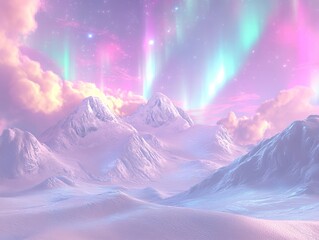 Pastel-hued snowy mountain range with aurora borealis