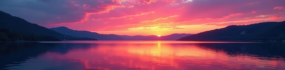 Serene lake sunset, vibrant colors reflected in calm water, gold, quiet