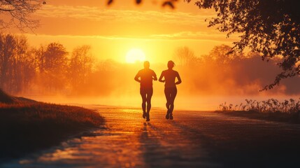 Fototapeta premium Sunrise run: Inspiring silhouette of couple jogging together in misty morning light