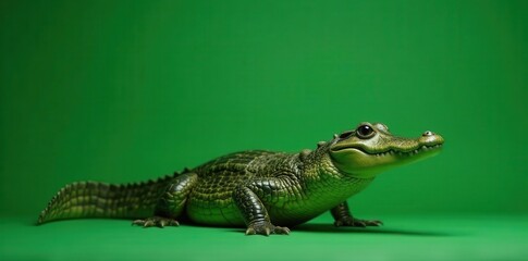 Fototapeta premium Sophisticated croc consultant, green backdrop, reptile, advice