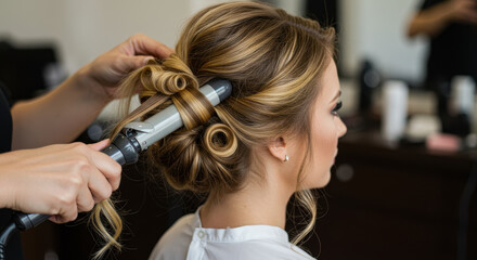 Fototapeta premium Bridal Hair Styling: Elegant Updo, Golden Highlights, Wedding Prep, Curls & Glamour