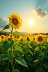 Tall sunflowers facing the sun in a green field, green, sun © Duangjai