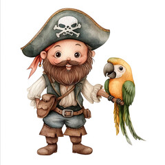 cute pirate with cute little parrot sidekick on his shoulder isolated on white background real watercolor handpainted style simple kids like soft and light neutral color flat no det
