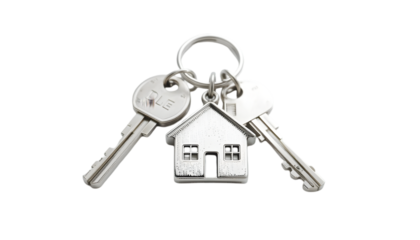 Silver Keychain with House Pendant and Two Keys Isolated on White for Real Estate Concepts: Home Ownership Imagery: Keychain, House, Keys, Silver, Isolated, White, Real, Estate, Home, Ownership

