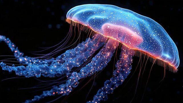 Bioluminescent jellyfish in deep sea