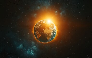 Naklejka premium Dramatic Planet Earth Glowing Aura in Dark Starry Outer Space View Design