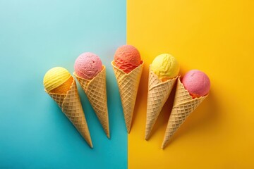 Five Colorful Ice Cream Cones Arranged on a Vibrant Two-Toned Background, a Delightful Summer Treat