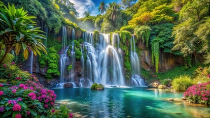 Obraz premium Serene Waterfall Cascading into a Lush Tropical Paradise, Surrounded by Vibrant Blooms and Towering Trees