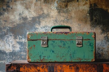 Rusty green toolbox resting on an aged metal surface.