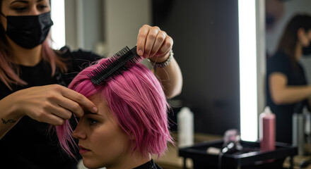 Fototapeta premium Pink Hair Transformation: Stylist Shaping Bob Cut with Comb in Salon