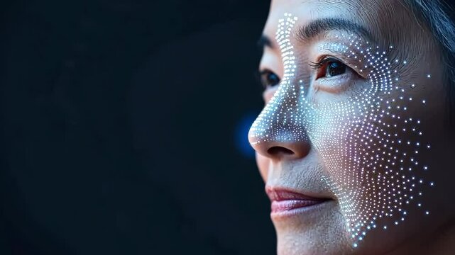 Facial mapping technology: woman with digital dots for augmented reality