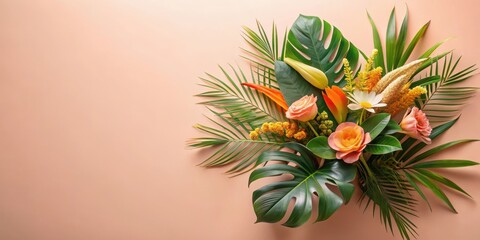 Fototapeta premium A vibrant arrangement of tropical foliage and blossoms, featuring various exotic flowers and lush green leaves against a soft peach backdrop