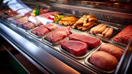 A butchers display of marbled steaks and sausages on a stainless steel counter