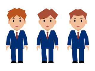 両手を下ろし、すまし顔の紺色スーツの若い男性