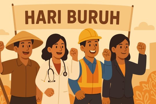 Diverse Workers Marching for Indonesian Labor Day Hari Buruh Celebration Poster