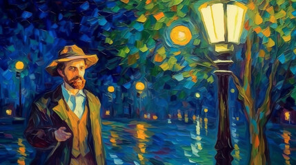 Fototapeta premium On a moonlit night, under a street lamp 