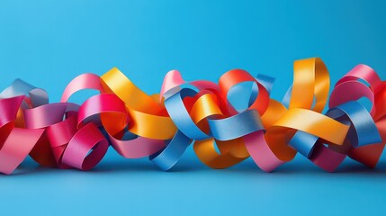 A vibrant arrangement of colorful ribbons in swirling patterns against blue backdrop