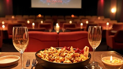 Gourmet popcorn experience in luxury cinema with ambient lighting and cozy seating