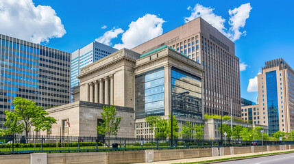 Modern central bank building with glass facade reflecting blue sky in financial district. Contemporary architecture, banking industry, economic power and financial stability concepts.