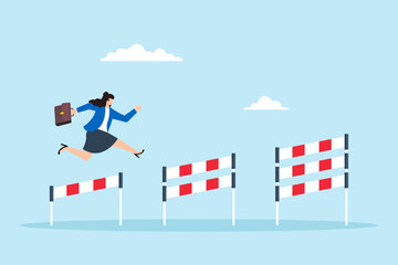 Flat illustration of businesswoman confidently jumping over hurdles to overcome career challenges and achieve success