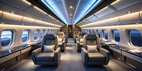 Luxurious Private Jet Cabin Interior  Elegant Seating, Ambient Lighting, and Panoramic Night Views