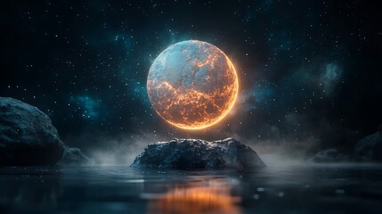 Obraz premium Glowing orb hovers over water, amidst rocks and starry night