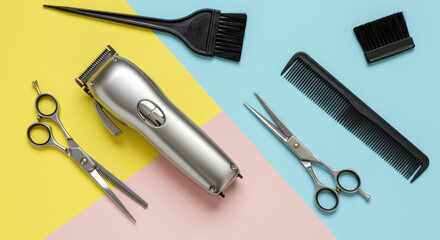 Barber Tools Flatlay: Clippers, Scissors, Comb & Brush for Hair Styling & Salon Use - Professional Hairdressing Equipment Still Life