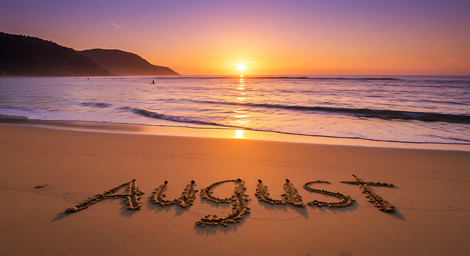 August month written on beach sand at sunset evoking summer vacations