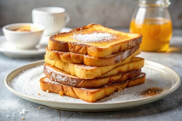 A delightful stack of golden-brown French toast, delicately dusted with powdered sugar, served on a plate with a hint of syrup, complemented by a cup of coffee and a jar of honey in the background.