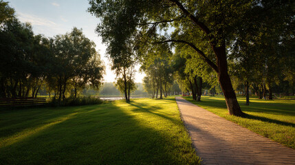 Obraz premium Beautiful park landscape with trees and green grass for outdoor recreation and nature photography