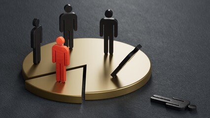 Hand playing with Wooden dolls over a pie chart. Concept to illustrate gain of market share from competitors.3D rendering on black background.