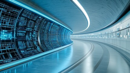 Futuristic tunnel with glowing blue lights and technology panels