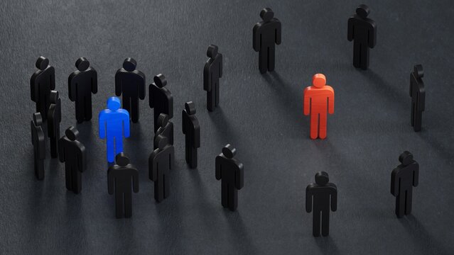 Introvert and extrovert concept. Wooden figurines on a desk. economic status and social achievement.3D rendering on black background.