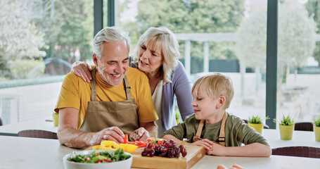 Kitchen fruit, vegetables and happy family cooking nutrition food, home recipe or teaching child development skills. Nutritionist, wellness and vegan mother, father and kid learning to make salad