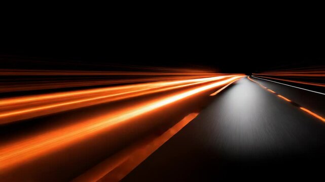 Abstract motion blur on asphalt road with orange light streaks at night, fast speed and long exposure creates a sense of movement